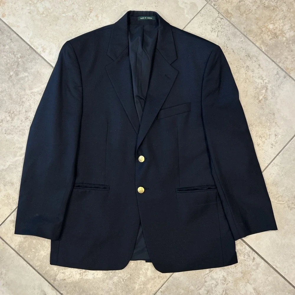 Lauren Ralph Lauren Gold Button Blazer Mens 40S Navy Blue Wool Sport Coat Jacket